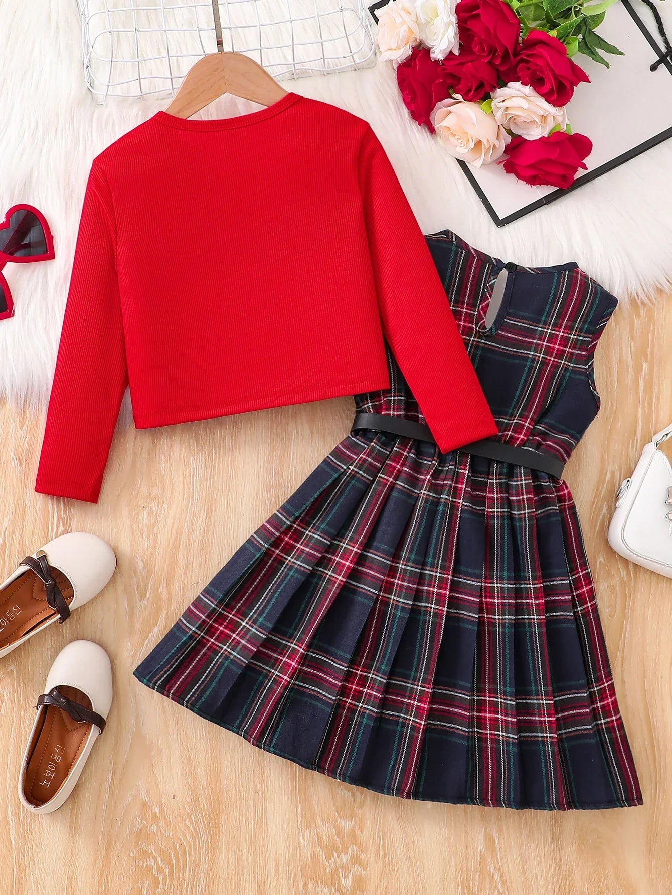 Conjunto Infantil Cardigan Vermelho Xadrez Laço Rétro Lenogue