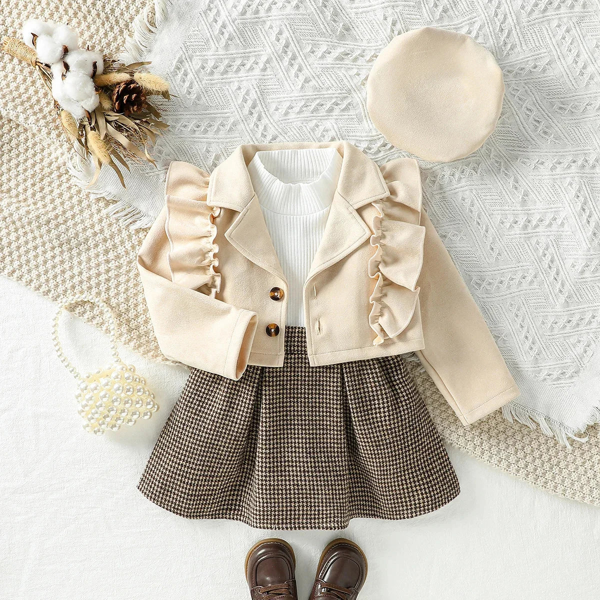 Conjunto Infantil Casaco Saia Xadrez Chapéu Classique Lenogue Bege / 18-24 Meses