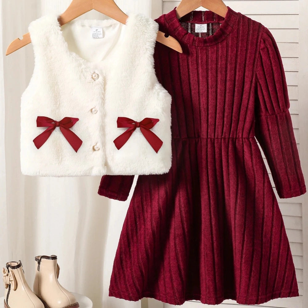 Conjunto Infantil Colete Pelo Sintético Vestido Canelado Lenogue