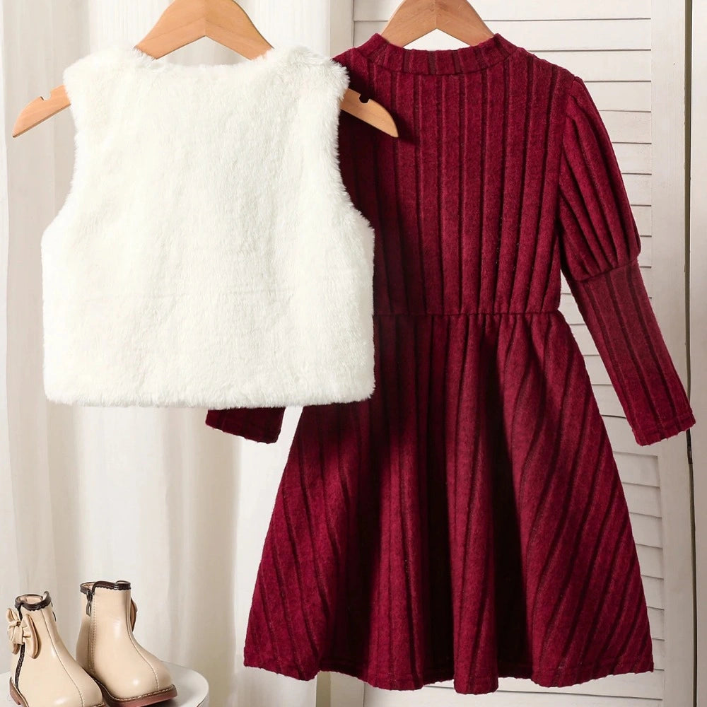 Conjunto Infantil Colete Pelo Sintético Vestido Canelado Lenogue