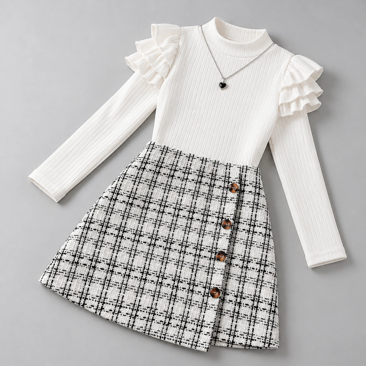 Conjunto Infantil Feminino Gola Alta Manga Longa Saia Xadrez Lenogue