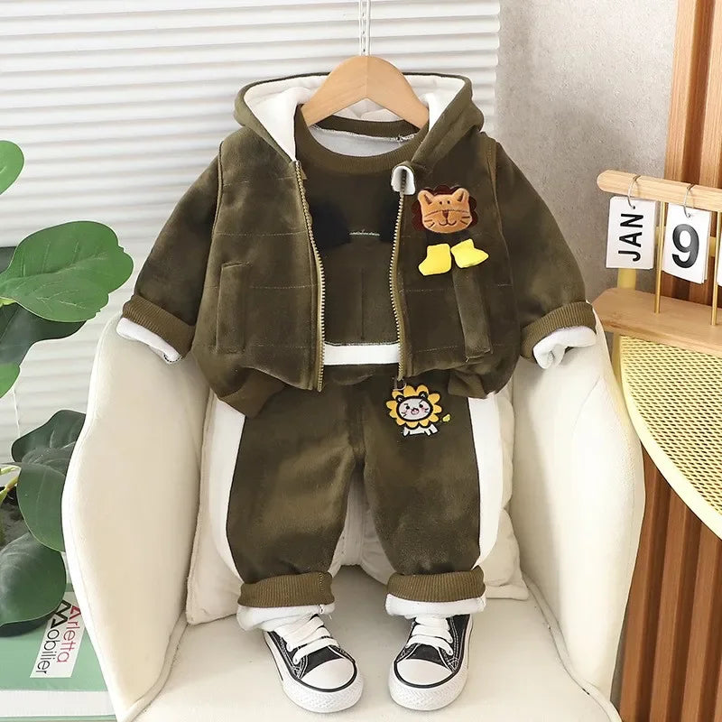 Conjunto Infantil Fleece Capuz Leão Cartoon Intrépide Lenogue Verde / 6-12 Meses