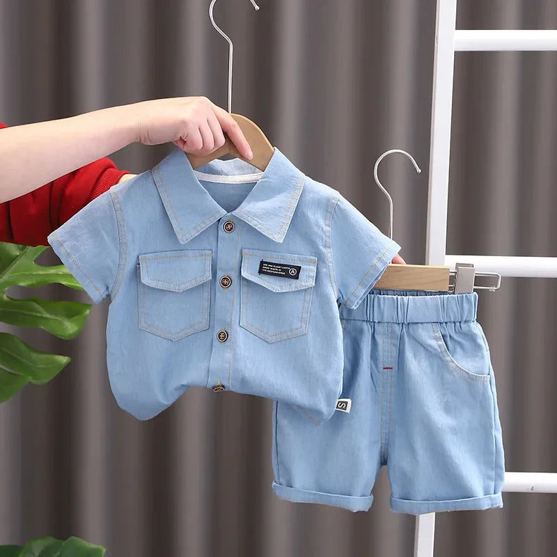 Conjunto Infantil Jeans Camisa Manga Curta e Calça Lenogue Azul Claro / 6-12 Meses