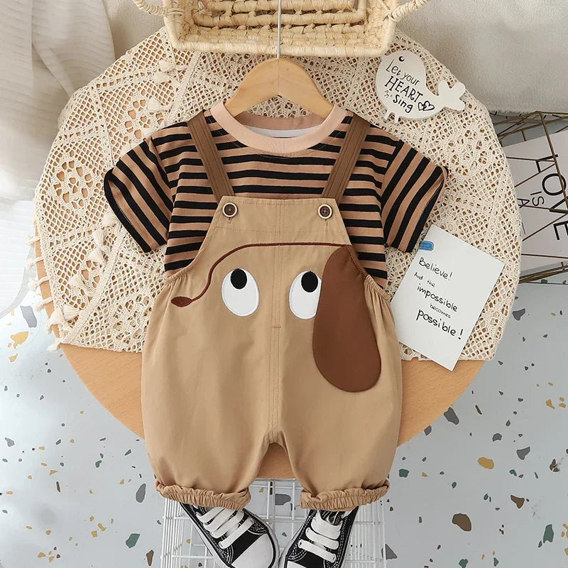 Conjunto Infantil Macacão Jardineira Cartoon Listrado Lenogue Marrom / 6-12 Meses