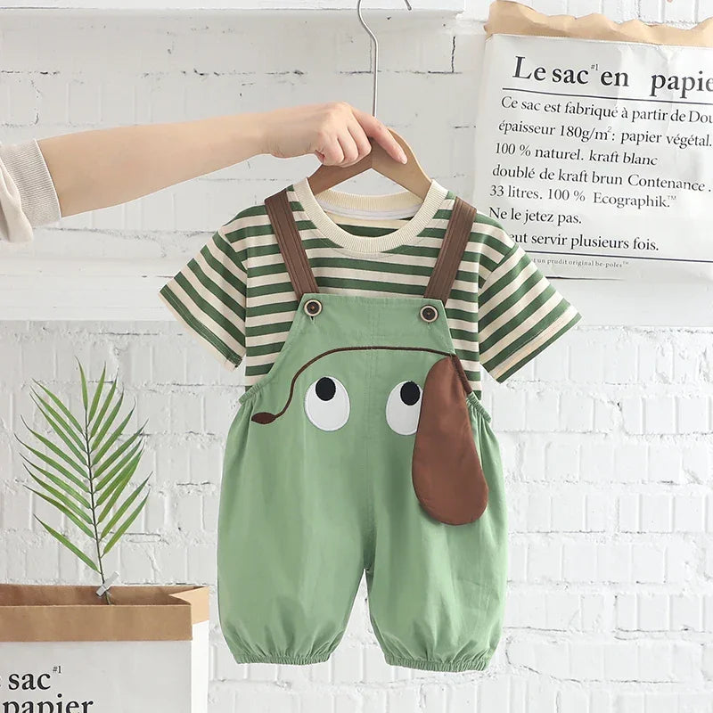 Conjunto Infantil Macacão Jardineira Cartoon Listrado Lenogue Verde / 6-12 Meses