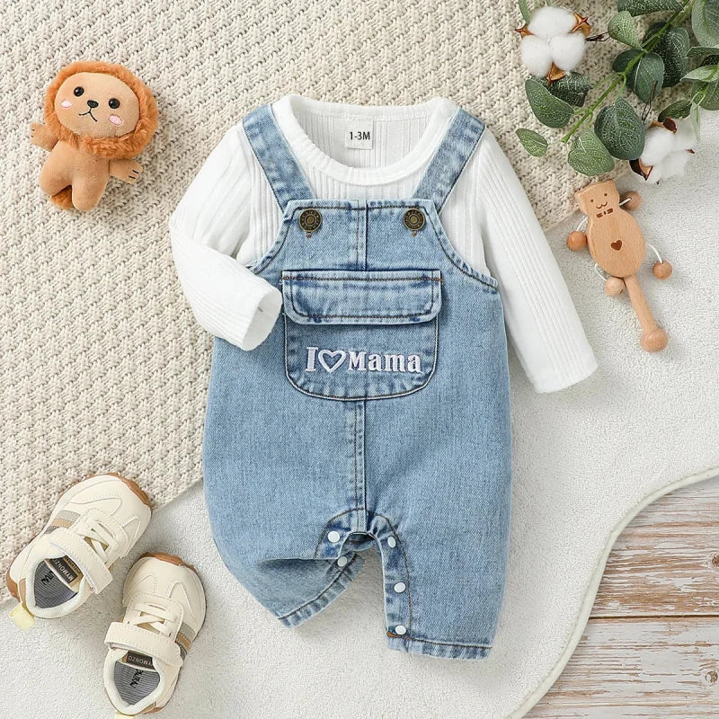 Conjunto Infantil Macacão Jeans Manga Longa Lenogue Azul e Branco / 0-3 Meses