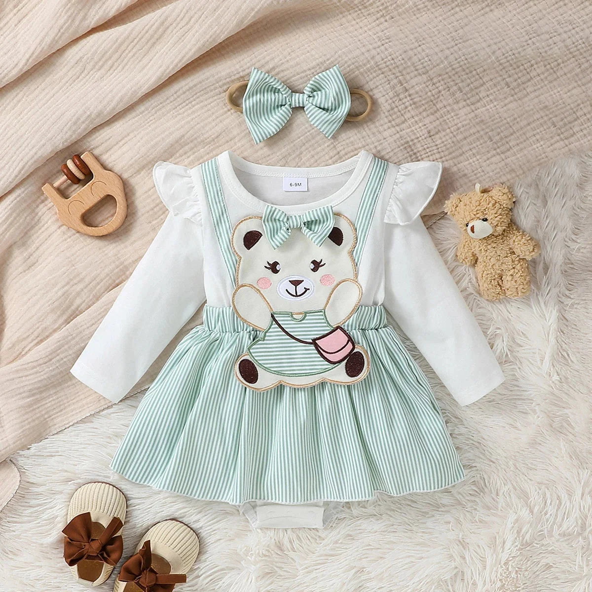 Conjunto Infantil Macacão Manga Longa Urso Bordado com Faixa Lenogue Verde / 3-6 Meses