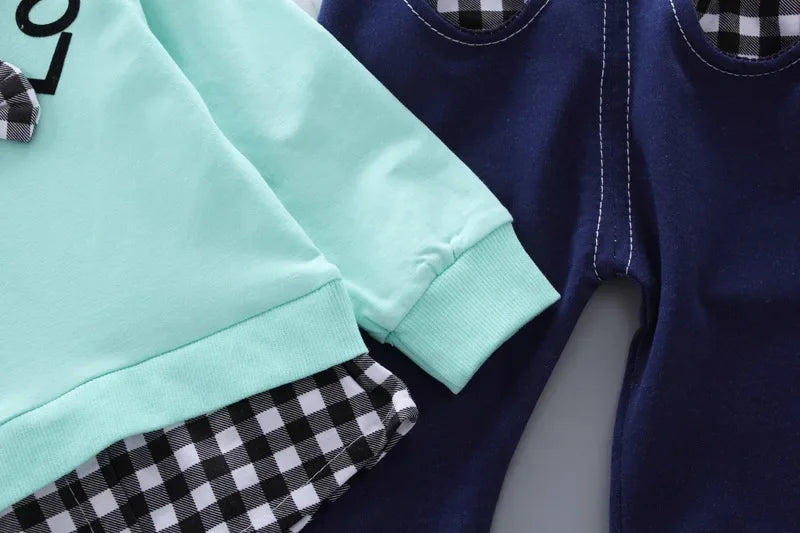 Conjunto Infantil Manga Longa Xadrez Laço Calça Tendance Lenogue
