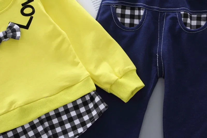 Conjunto Infantil Manga Longa Xadrez Laço Calça Tendance Lenogue