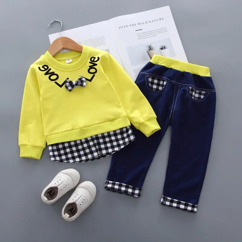 Conjunto Infantil Manga Longa Xadrez Laço Calça Tendance Lenogue Amarelo / 6-12 Meses