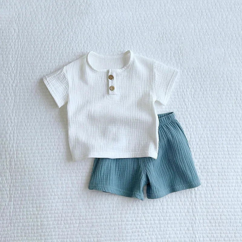 Conjunto Infantil Masculino Algodão Tito Lenogue Branco & Azul / 6-12 Meses