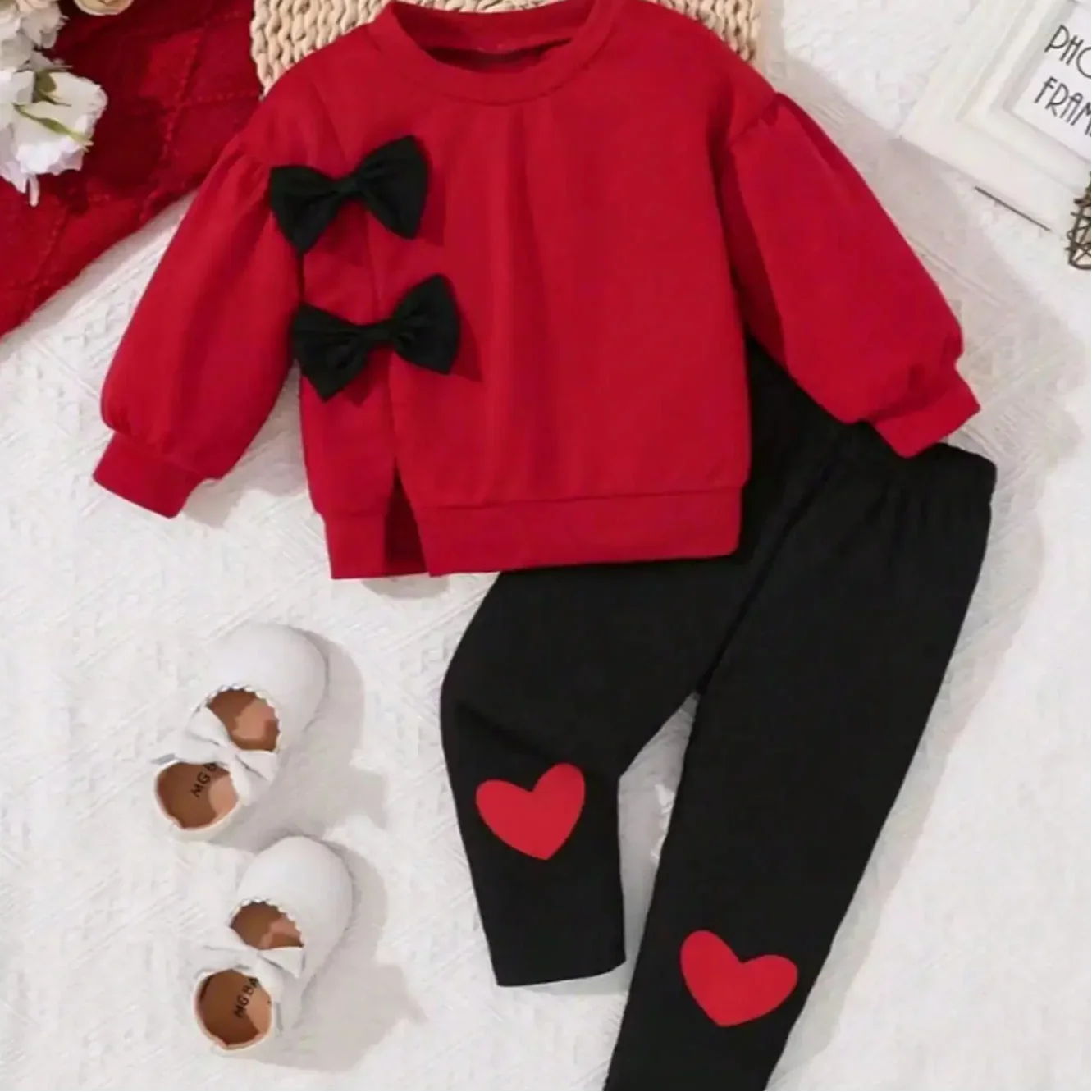 Conjunto Infantil Moletom Capuz Laço Calça Preta Chic Lenogue Vermelho / 6-12 Meses