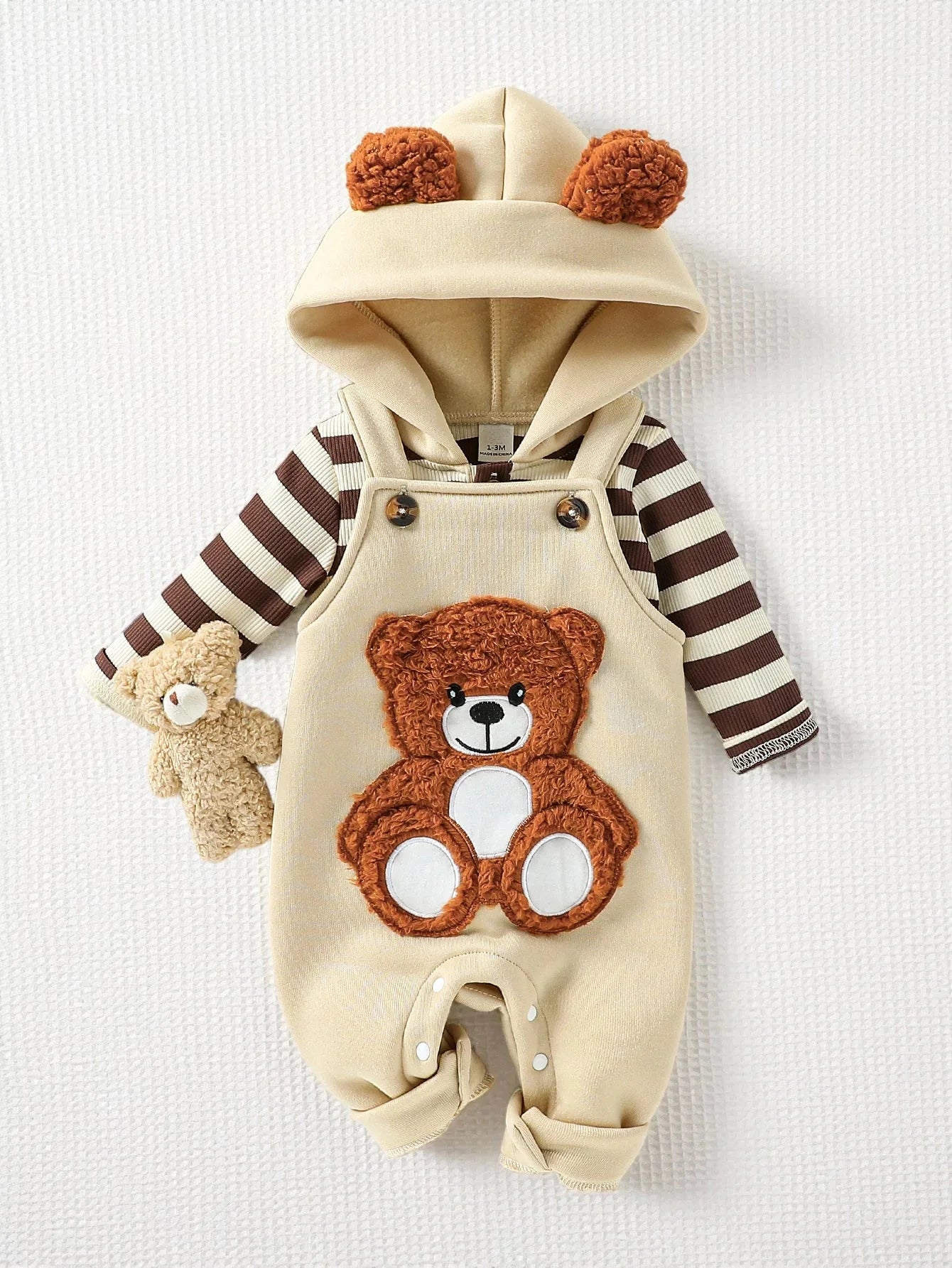Conjunto Infantil Moletom Listrado com Capuz e Jardineira Urso Lenogue