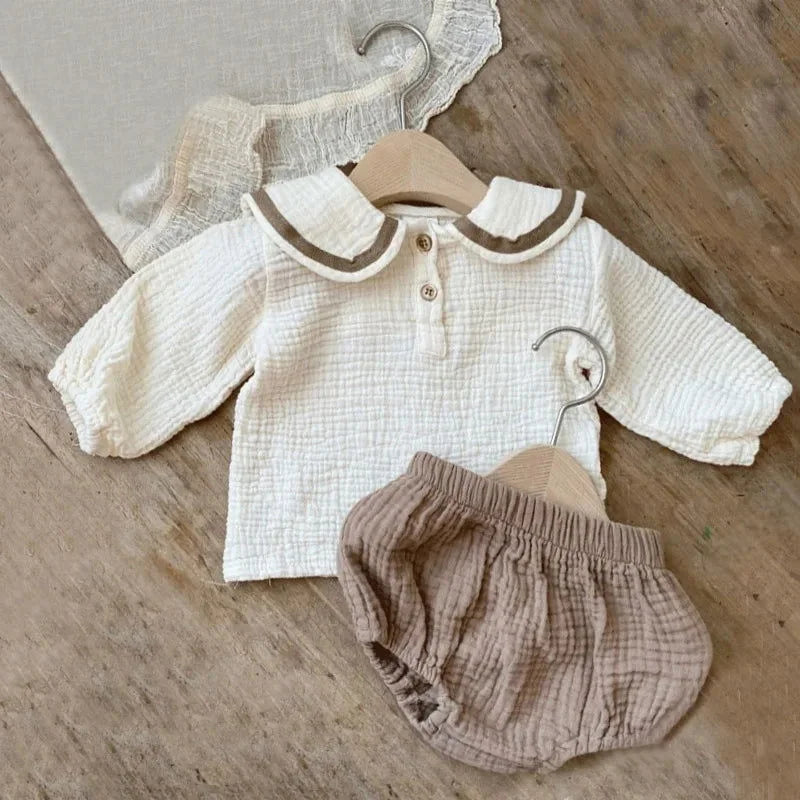 Conjunto Infantil Navy Blommer e Blusa Lenogue Bege & Marrom / 3-6 Meses