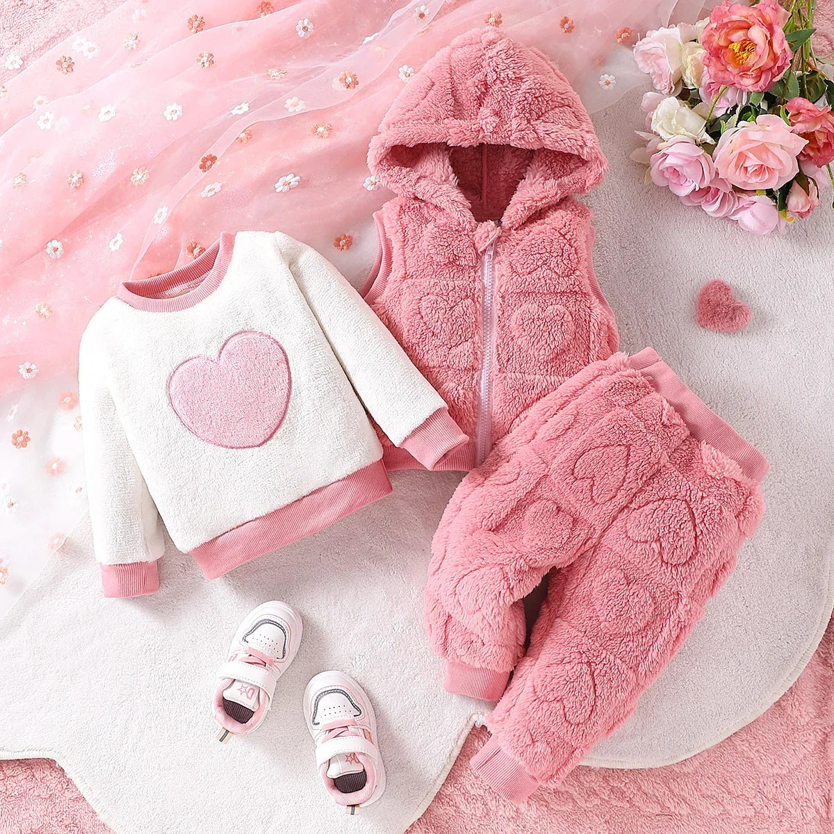 Conjunto Infantil Pelúcia Colete Capuz Coração Amour Lenogue Rosa / 6-12 Meses