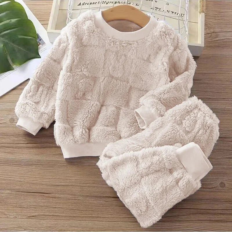 Conjunto Infantil Pijama Flanela Manga Longa Veludo Serein Lenogue Bege / 6-12 Meses