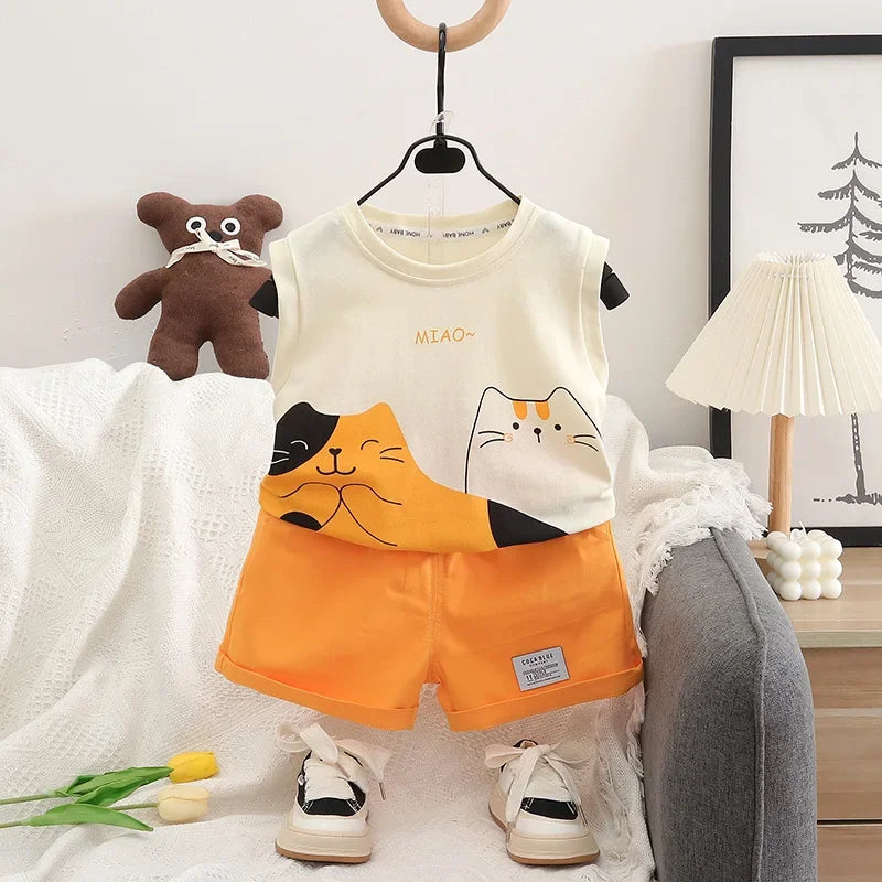 Conjunto Infantil Regata com Shorts Modelo Cartoon Lenogue Laranja / 6-12 Meses