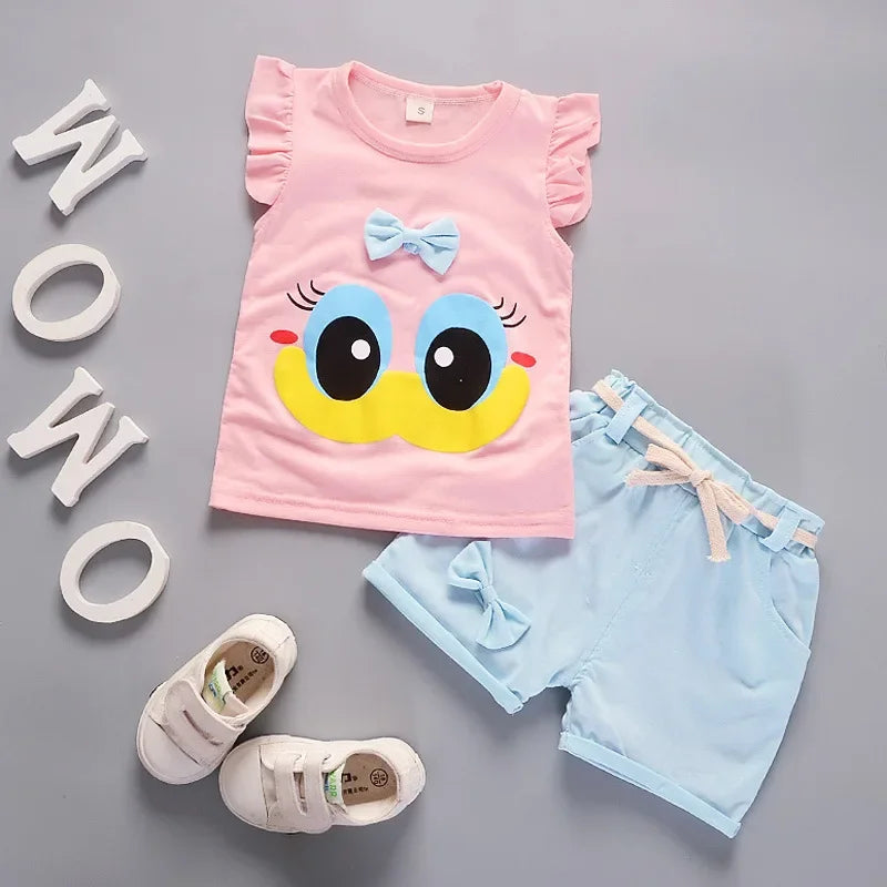 Conjunto Infantil Regata com Shorts Modelo Cartoon Lenogue Rosa / 6-12 Meses