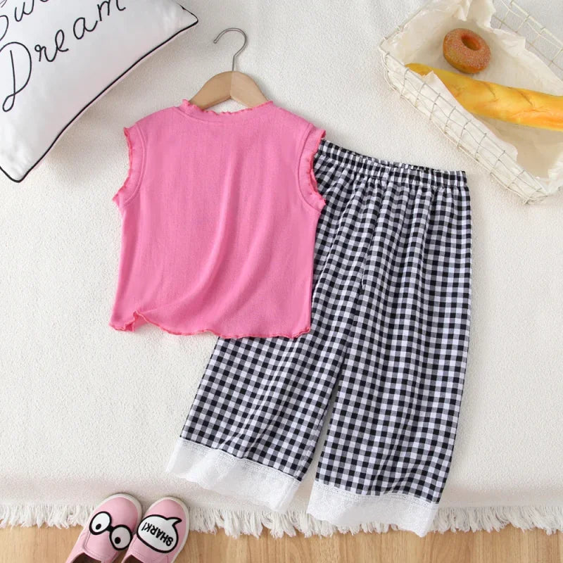 Conjunto Infantil Regata Estampada Laço Calça Xadrez Renda Lenogue