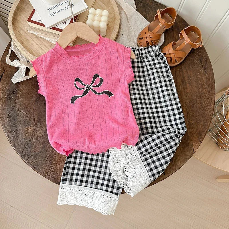 Conjunto Infantil Regata Estampada Laço Calça Xadrez Renda Lenogue