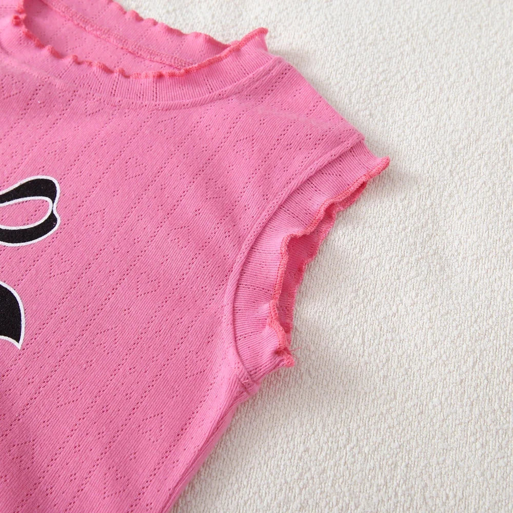 Conjunto Infantil Regata Estampada Laço Calça Xadrez Renda Lenogue
