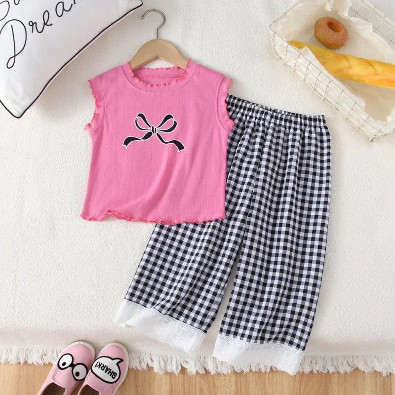 Conjunto Infantil Regata Estampada Laço Calça Xadrez Renda Lenogue Rosa e Cinza / 18-24 Meses