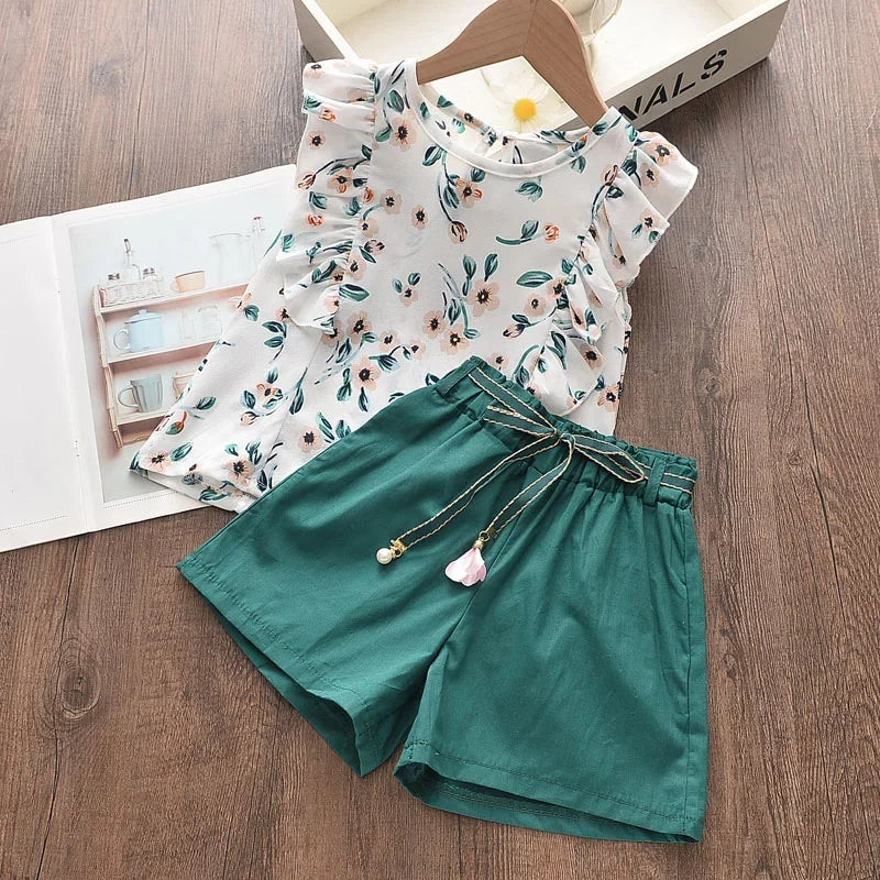 Conjunto Infantil Regata Floral e Short Lenogue Branco Verde / 3-4