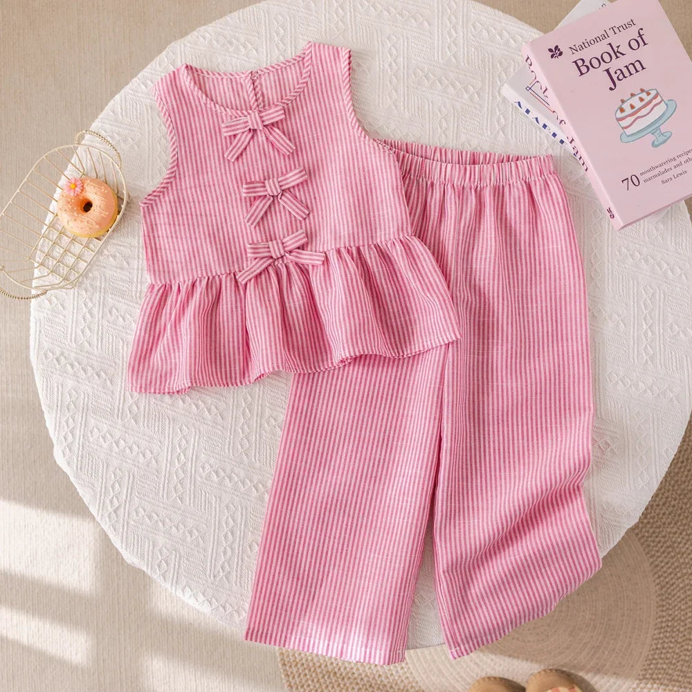 Conjunto Infantil Rosa com Listras Regata Laços e Calça Lenogue / 18-24 Meses