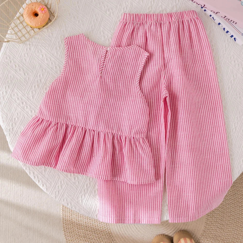 Conjunto Infantil Rosa com Listras Regata Laços e Calça Lenogue