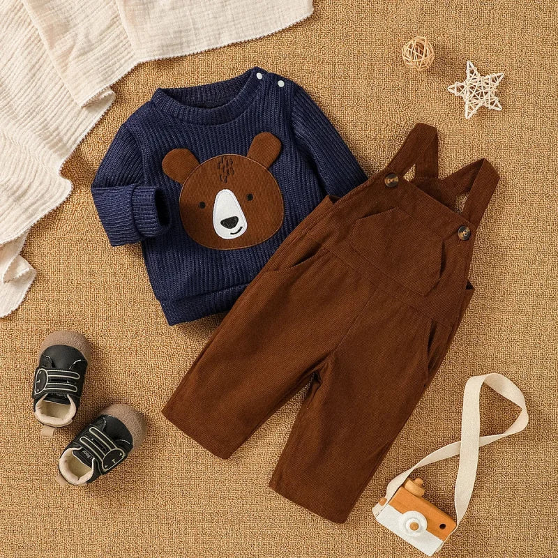 Conjunto Infantil Suéter Urso e Calça Suspensório Inverno Lenogue Azul Marrom / 3-6 Meses