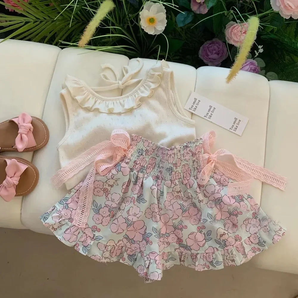 Conjunto Infantil Top de Renda sem Manga Short Floral Lenogue