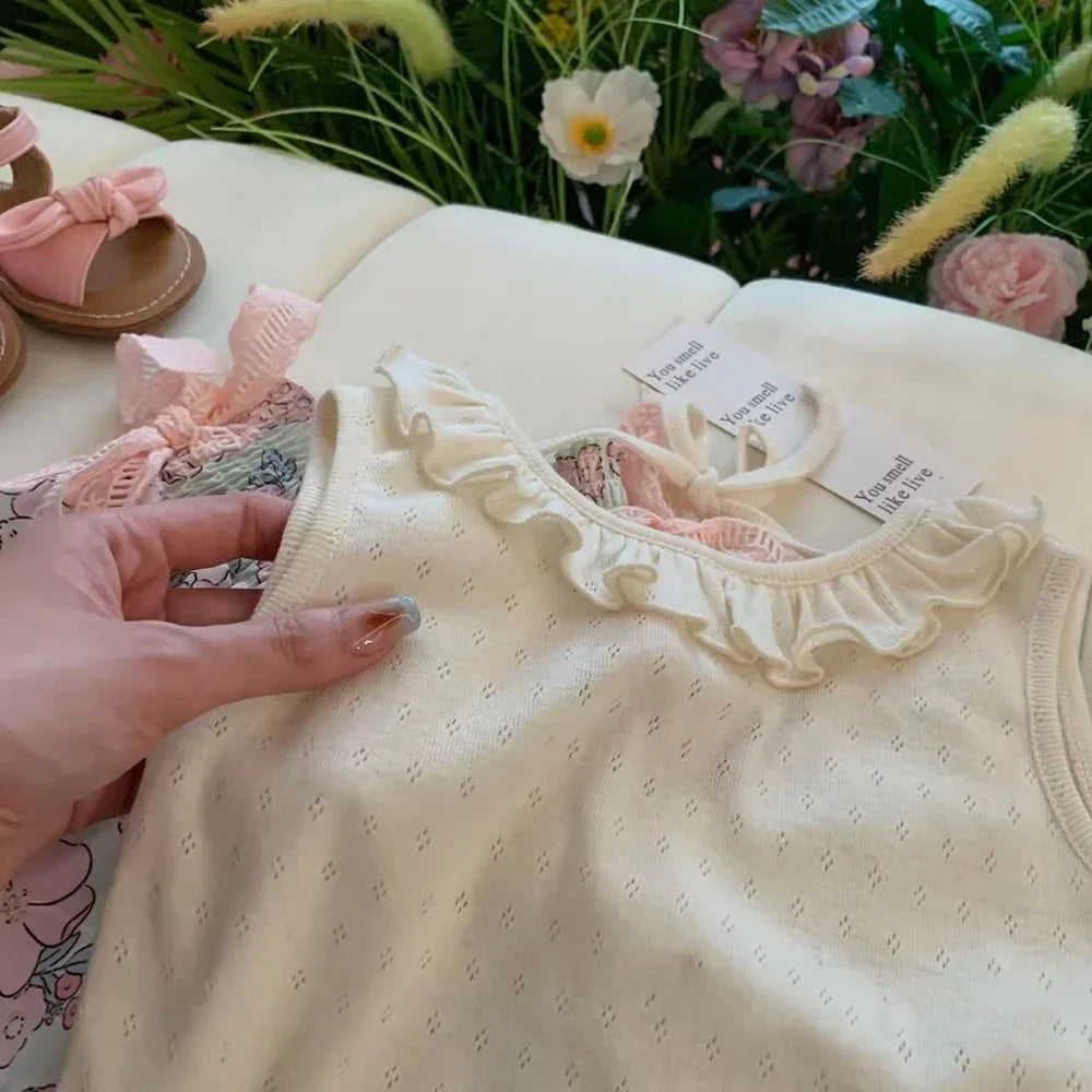 Conjunto Infantil Top de Renda sem Manga Short Floral Lenogue