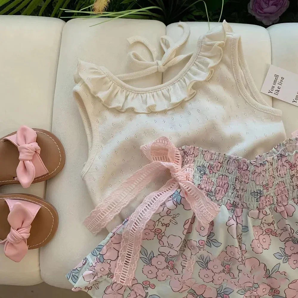 Conjunto Infantil Top de Renda sem Manga Short Floral Lenogue