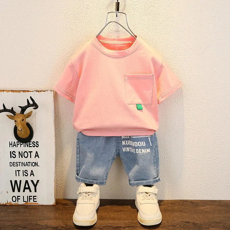 Conjunto Infantil Tshirt Masculino Gabriel Lenogue Rosa / 6-12 Meses