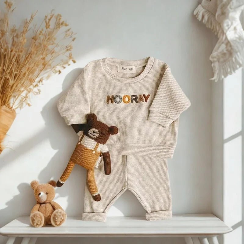 Conjunto Infantil Unissex Casual Hooray Lenogue Bege / 3-6 Meses