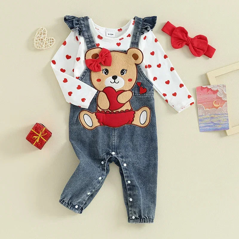 Conjunto Infantil Urso Bordado Estampa Coração Lenogue Branco e Rosa / 0-3 Meses