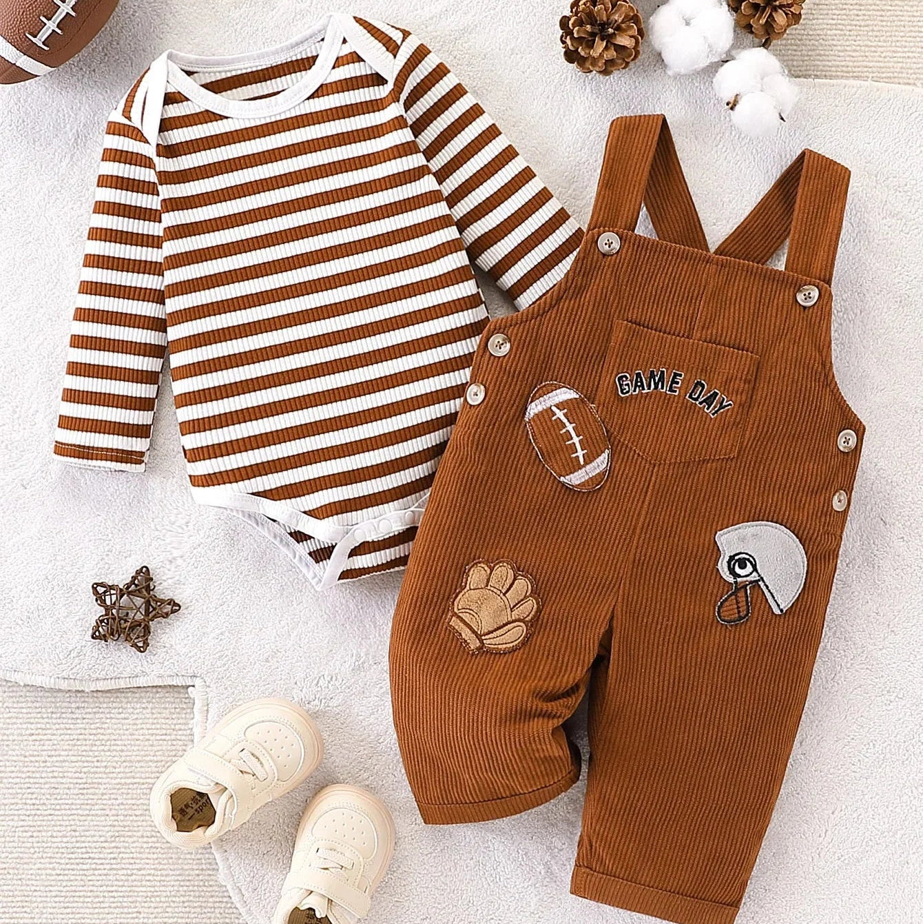 Conjunto Infantil Veludo Cotelê Futebol Americano Petit Lenogue Marrom / 3-6 Meses