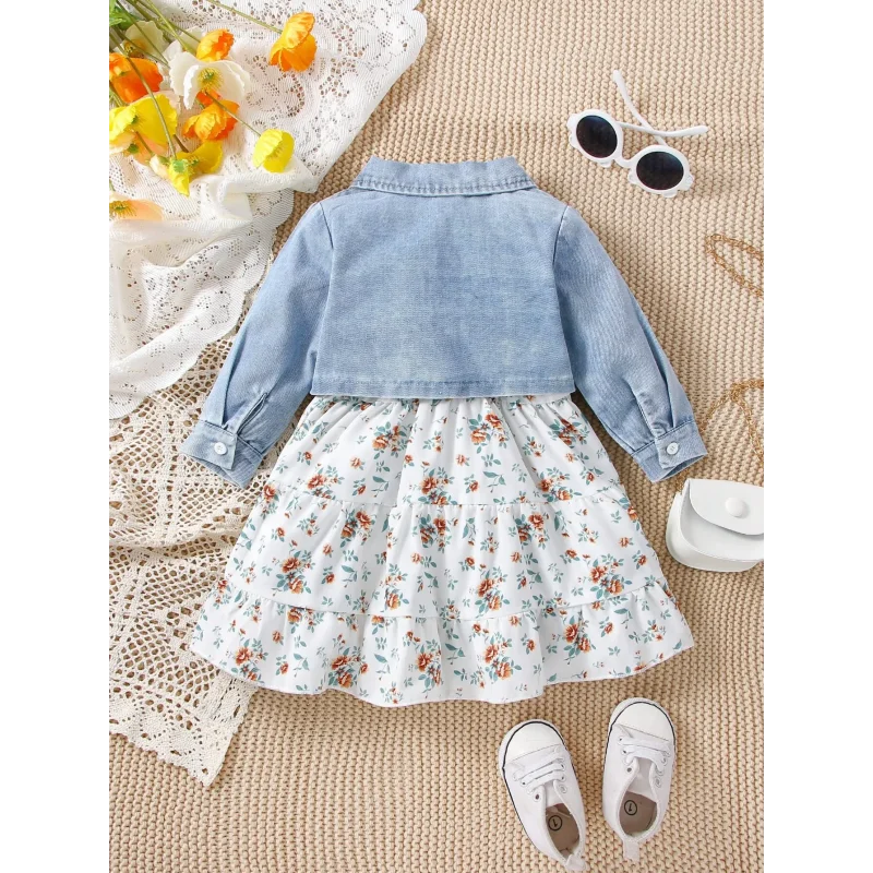 Conjunto Infantil Vestido Floral com Jaqueta Jeans Manga Longa Lenogue