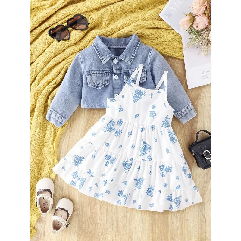 Conjunto Infantil Vestido Floral com Jaqueta Jeans Manga Longa Lenogue Flores Azul / 6-12 Meses