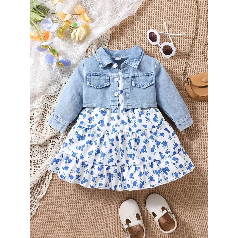 Conjunto Infantil Vestido Floral com Jaqueta Jeans Manga Longa Lenogue Flores Azul Escuro / 6-12 Meses