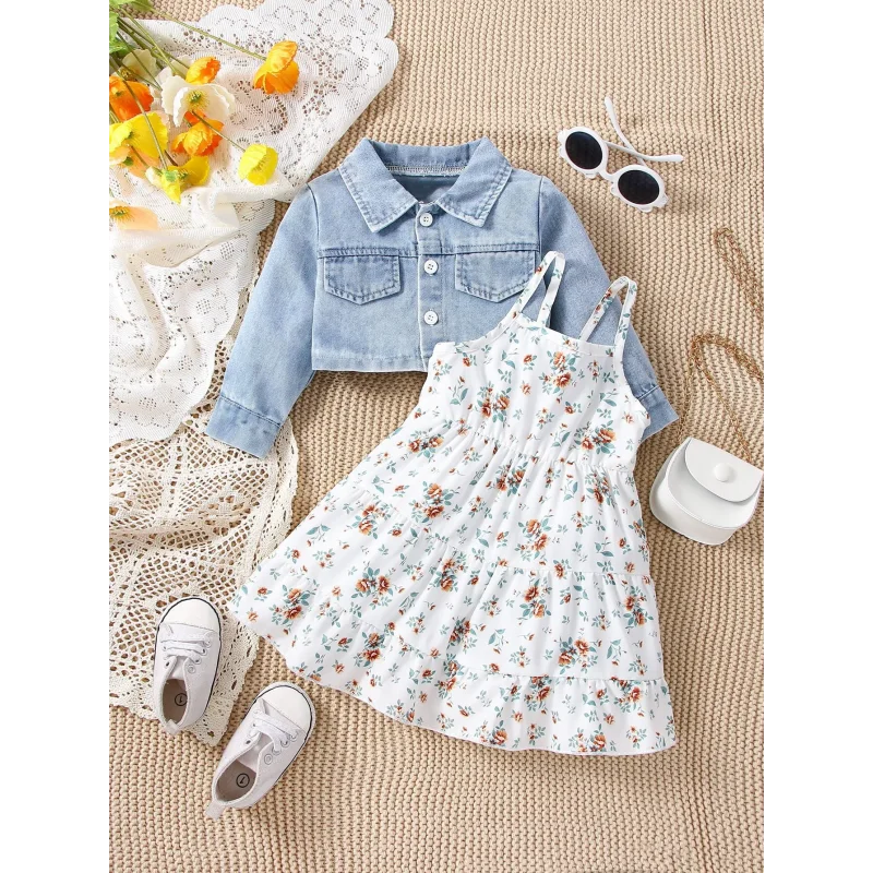 Conjunto Infantil Vestido Floral com Jaqueta Jeans Manga Longa Lenogue Flores Brancas / 6-12 Meses