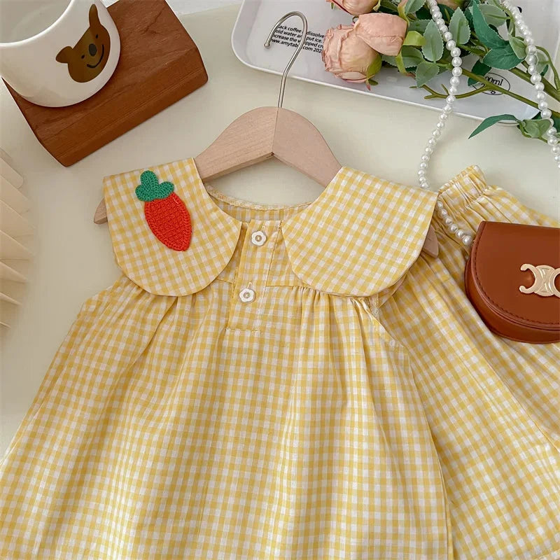Conjunto Infantil Xadrez com Bordado Amarelo Lenogue