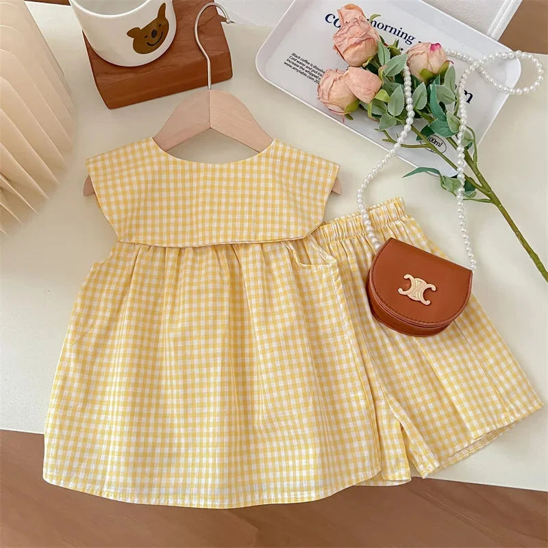 Conjunto Infantil Xadrez com Bordado Amarelo Lenogue