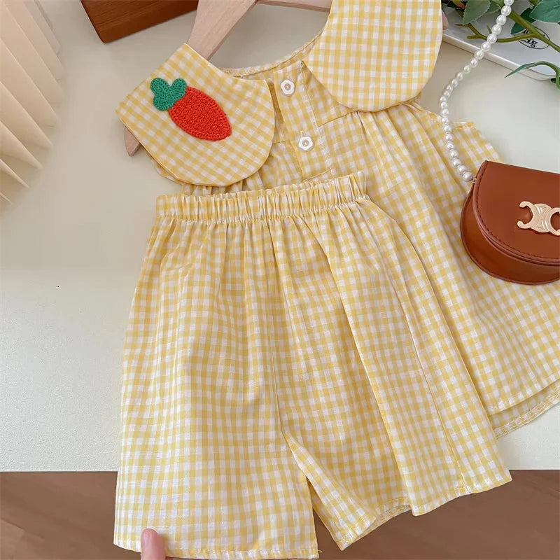 Conjunto Infantil Xadrez com Bordado Amarelo Lenogue