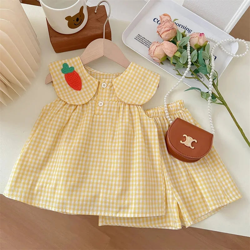 Conjunto Infantil Xadrez com Bordado Amarelo Lenogue / 6-12 Meses