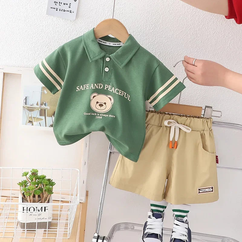 Conjunto Polo Infantil Modelo Cartoon de Urso Lenogue Verde / 6-12 Meses