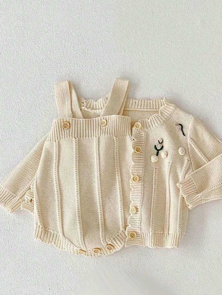 Conjunto Romper Infantil Tricot Algodão Olga Lenogue Bege / 3-6 Meses