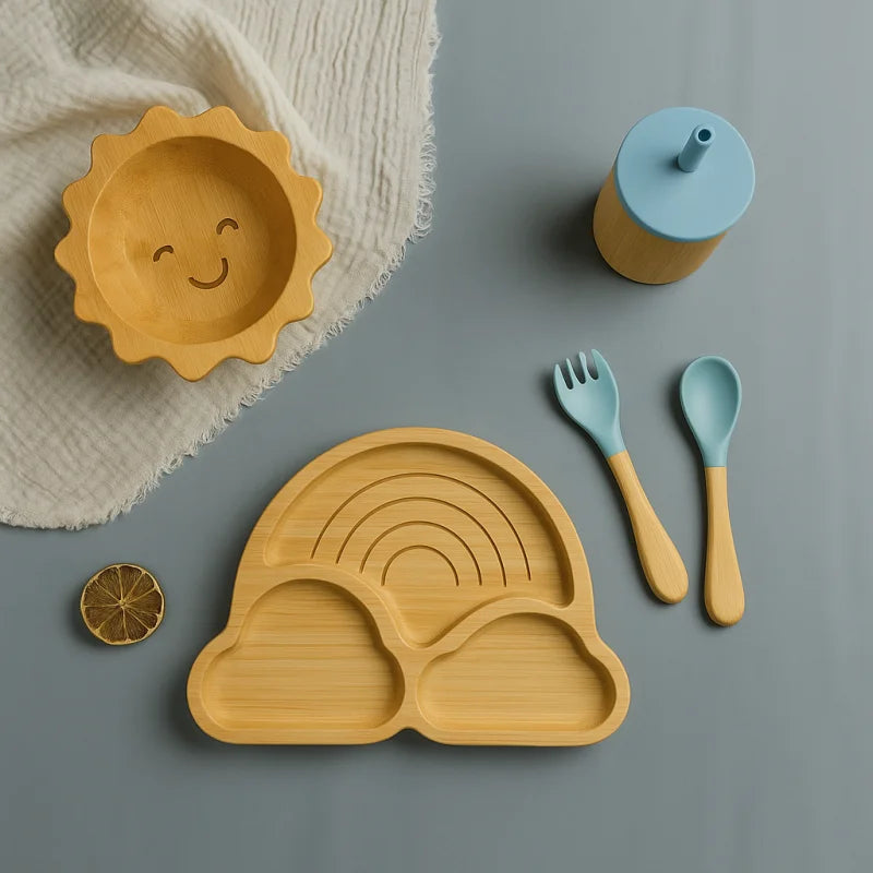 Kit Infantil Introdução Alimentar de Madeira Lenogue Azul - 5 Peças