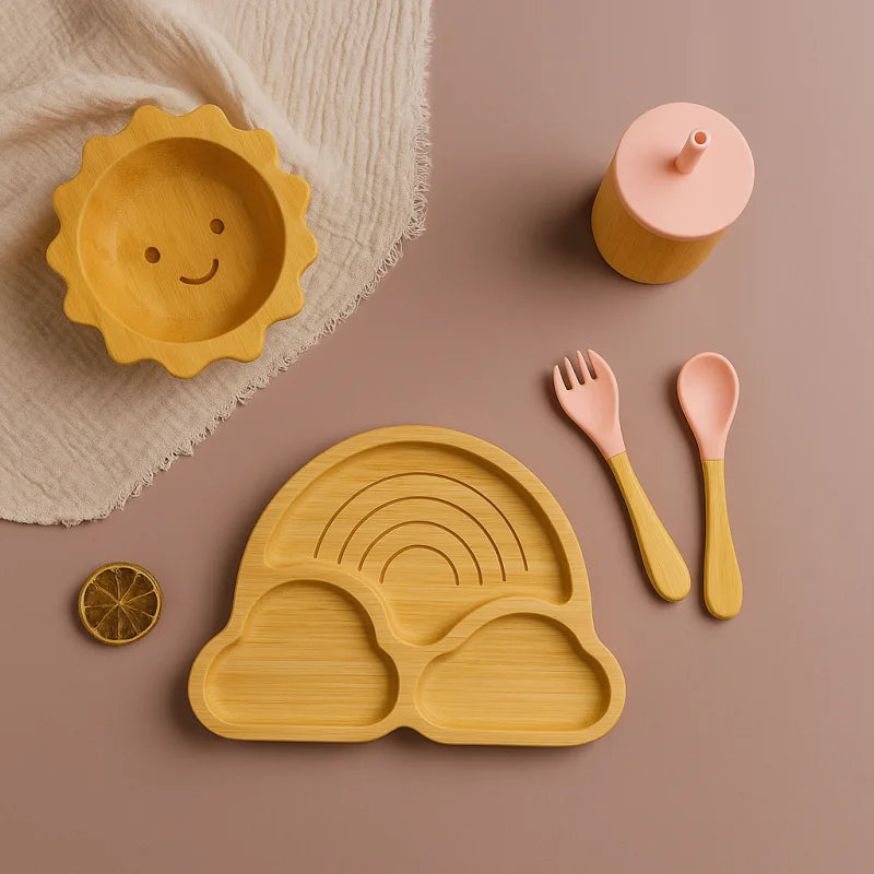 Kit Infantil Introdução Alimentar de Madeira Lenogue Rosa - 5 Peças