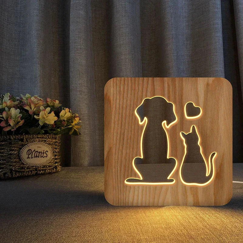 Luminária Infantil Mesa Led 3d Animais Madeira Lenogue Cão e Gato